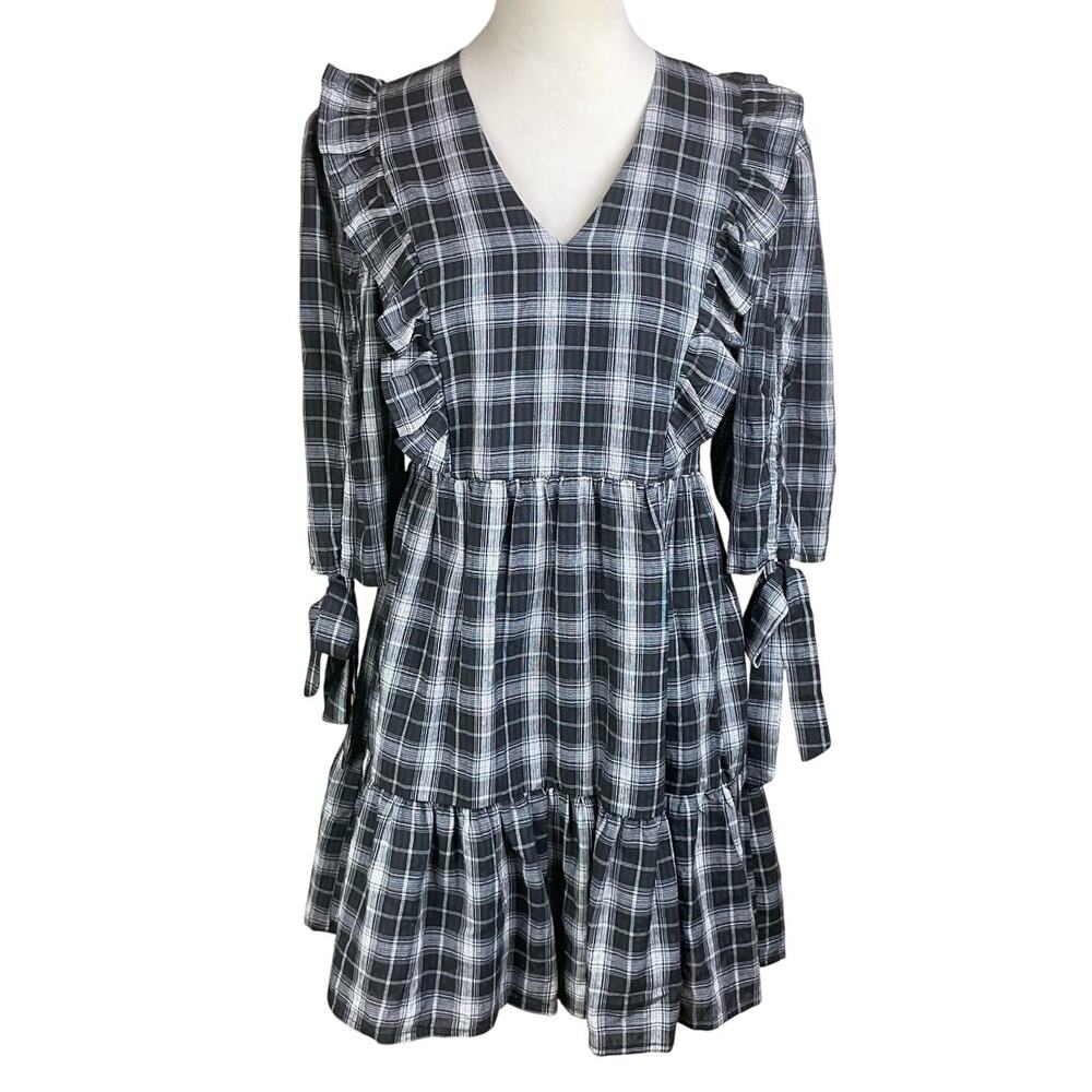Day + Moon S NWT Black Plaid Ruffle Accents 3/4 Sleeve V-Neck Lined Mini Dress